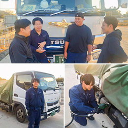 20代後半～30代半ばの世代が多く、入社年数関係ナシに仲が良いです。給油所も完備（写真右下）